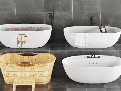 Various Style Bathtubs Including Wooden Barrel And White Freestanding With Faucet Towel And Tile Wall 3d model