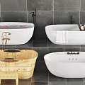 Various Style Bathtubs Including Wooden Barrel And White Freestanding With Faucet Towel And Tile Wall