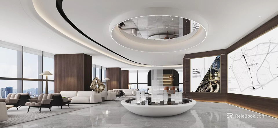 Modern Sales Office Interior With Circular Decor Sofa Wooden Elements And Large Windows 3d model