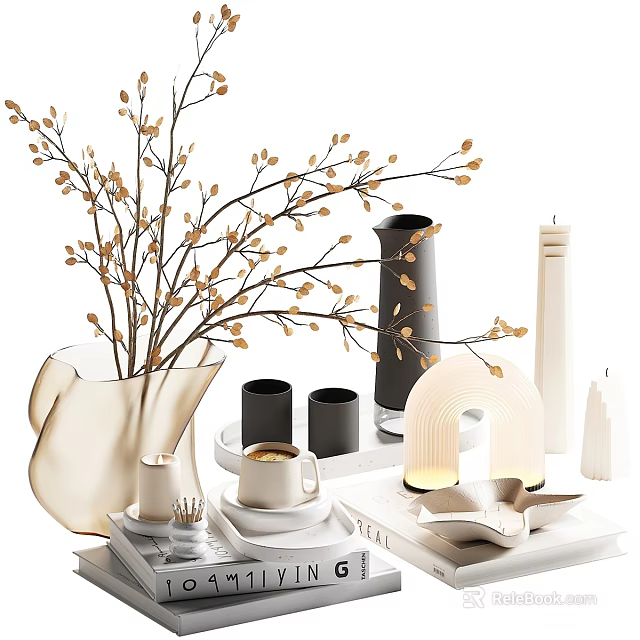 Modern Decorative Ornament Set with Vase Branches Candles and Table Lamp for Home Decor 3d model 