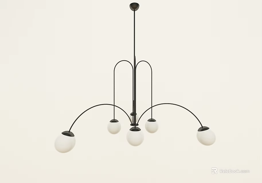 Modern Minimalist Chandelier With Black Curved Structure And Five White Spherical Bulbs 3d model 