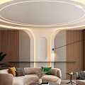 Cozy Living Room Interior With Beige Sofa Green Yellow Pillows Wooden Walls Circular Ceiling Light