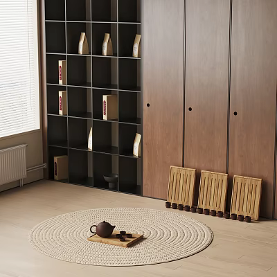 Tea Set with Teapot and Tray on Round Woven Rug Near Dark Brown Cabinet 3d model