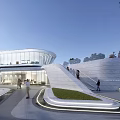 Modern Commercial Complex With Curved Glass Facade Lighting Effects And Pedestrian Activity 3d model