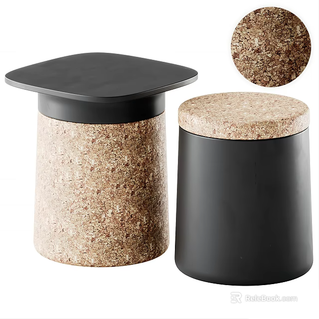 Modern Coffee Table With Black Top And Cork Cylindrical Base Design 3d model 