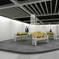 Public Lounge Area With Wooden Benches Green Tables And Ceiling Design Elements