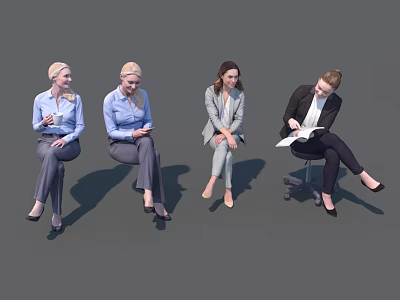 Group of Professional Women Seated on Chairs Working With Documents and Coffee 3d model