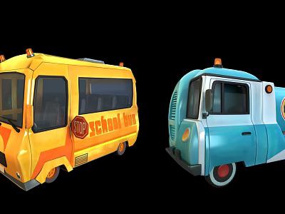 Two Cartoon Style School Buses Yellow And Blue With SCHOOL BUS Text On Yellow Body 3d model