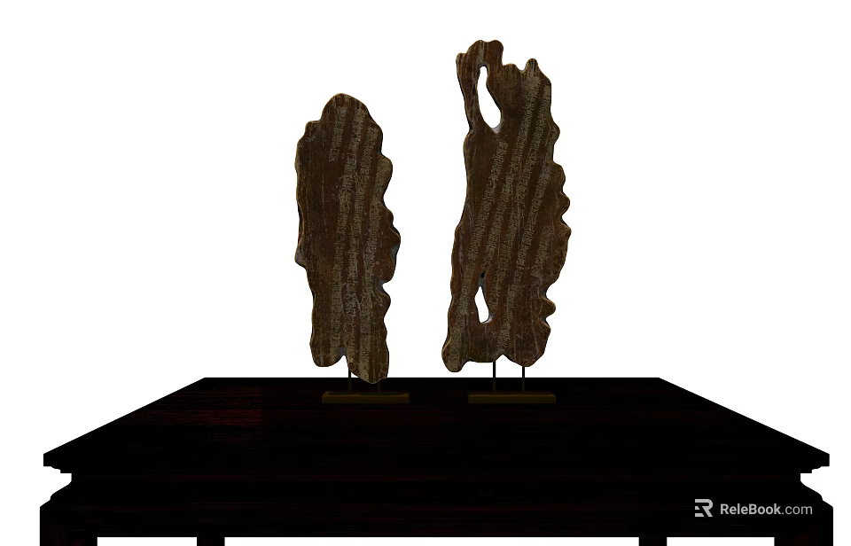 Decorative Ornament Set Textured Stone Decorations Placed On Black Table With Stands 3d model 