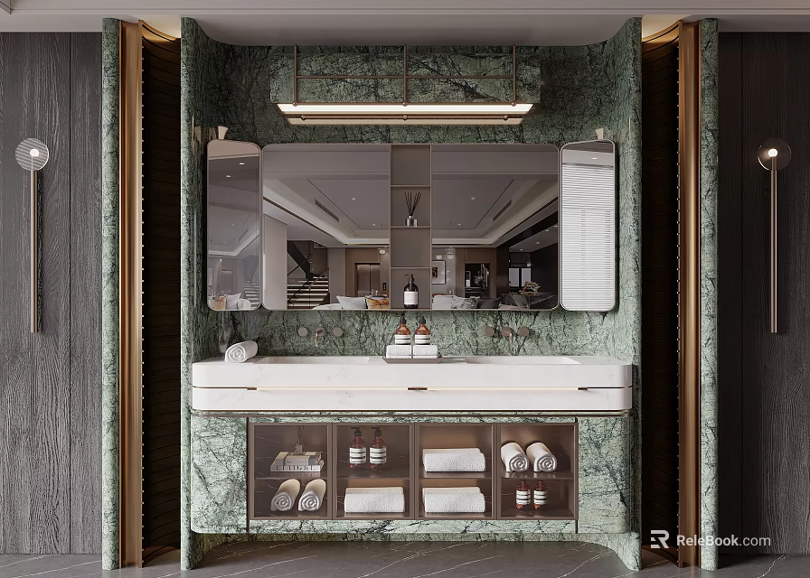 Elegant Modern Bathroom Vanity With Green Marble Countertop Large Mirror And Brass Accents 3d model 