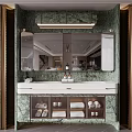 Elegant Modern Bathroom Vanity With Green Marble Countertop Large Mirror And Brass Accents