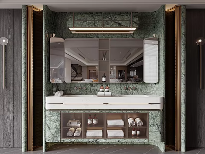 Elegant Modern Bathroom Vanity With Green Marble Countertop Large Mirror And Brass Accents 3d model