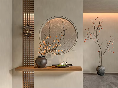 Traditional Chinese Lattice Room Divider With Circular Mirror Wooden Shelf And Flowering Branches 3d model