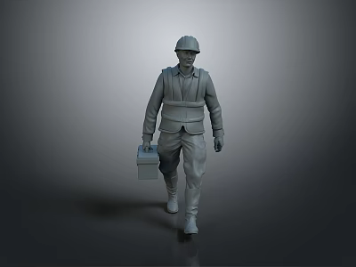 3D Model of Construction Worker in Hard Hat Carrying Toolbox While Walking 3d model