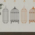 Colorful Birdcage Shaped Metal Wall Decor Hanging On White Wall With Decorative Design