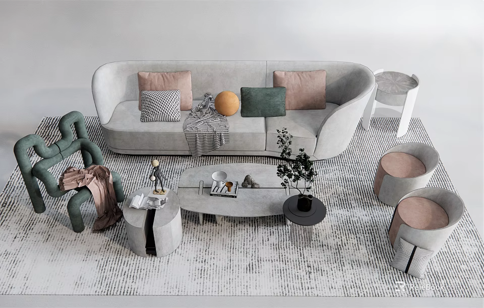 Modern Living Room Interior With Sofa Coffee Table Set Pillows Stools And Green Plant 3d model 