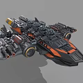 Futuristic Battle Spaceship With Multiple Turrets Mechanical Armor And Black Orange Gray Design