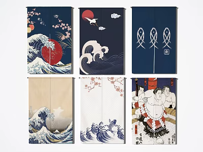 Japanese Style Curtains With Wave Cherry Blossom Fish Sumo Wrestler Patterns 3d model