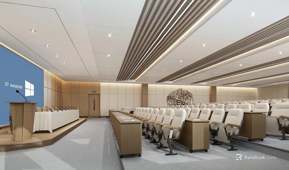 Modern Spacious Conference Room Interior Design With Neatly Arranged White Chairs And Wooden Tables 3d model 