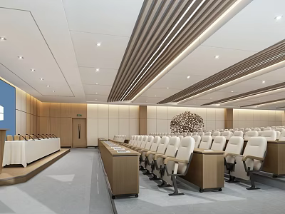 Modern Spacious Conference Room Interior Design With Neatly Arranged White Chairs And Wooden Tables 3d model