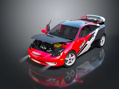 Red and black modified sports car with open hood doors and rear spoiler 3d model