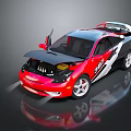 Red and black modified sports car with open hood doors and rear spoiler