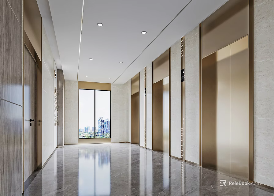 Modern Elevator Lobby Featuring Spacious Design Marble Flooring And Large Window 3d model