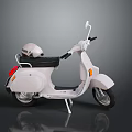 Vintage White Scooter with Black Seat and Helmet on Gray Background