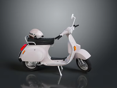 Vintage White Scooter with Black Seat and Helmet on Gray Background 3d model