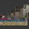Cartoon Scenic Miniature Featuring Small Wooden House Red Boat Dock and Trees