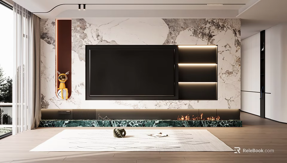 Modern TV Background Wall With Marble Texture Black Screen And LED Strip Lights Platform 3d model