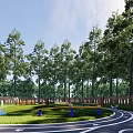 Wooded Surroundings Circular Fenced Children's Playground With Track Slides Swings Green Lawn And Gray Path