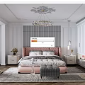 Elegant Luxury Bedroom Interior With Pink Headboard Crystal Chandelier White Walls Nightstands And Area Rug
