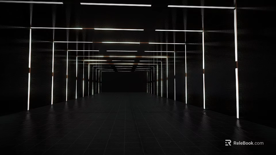 Sleek Modern Bus Moving Through Illuminated Corridor With Black Tile Floor 3d model