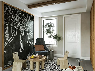 Cozy Entertainment Room With Artistic Blackboard Wall Chairs Round Table And Plant 3d model