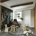 Cozy Entertainment Room With Artistic Blackboard Wall Chairs Round Table And Plant