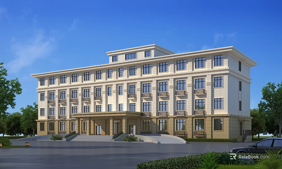 Modern Multi story Office Building Exterior With Large Glass Windows Entrance Steps And Landscaped Garden 3d model 