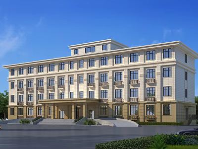 Modern Multi story Office Building Exterior With Large Glass Windows Entrance Steps And Landscaped Garden 3d model