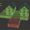 Two Wooden Log Cabins With Gabled Roofs And Wooden Planks Walkway Platform