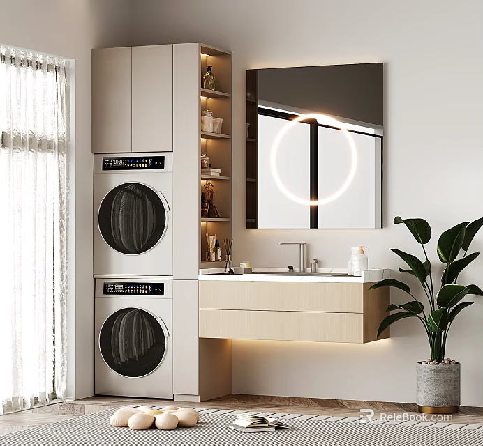 Modern Bathroom Vanity Interior Design With Stacked Washer Dryer Ring Light Mirror And Plant 3d model 