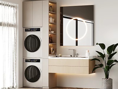 Modern Bathroom Vanity Interior Design With Stacked Washer Dryer Ring Light Mirror And Plant 3d model