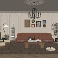Classic Living Room Interior With Brown Leather Sofa Chandelier And Framed Artworks
