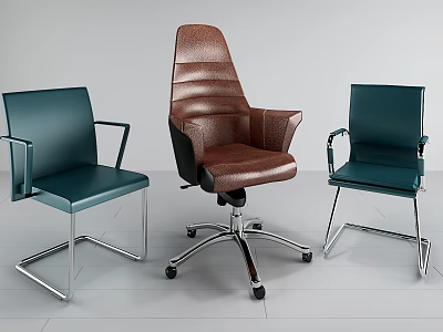 Modern Brown Leather Office Chair With Swivel Wheels And Teal Side Chairs 3d model