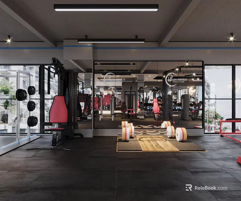 Modern Fitness Gym Interior With Pink Punching Bags Barbells Mirrors And Large Windows 3d model 