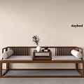 Wooden Daybed with Simple Design Cushions Small Table and Vase in Minimalist Interior