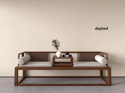 Wooden Daybed with Simple Design Cushions Small Table and Vase in Minimalist Interior 3d model