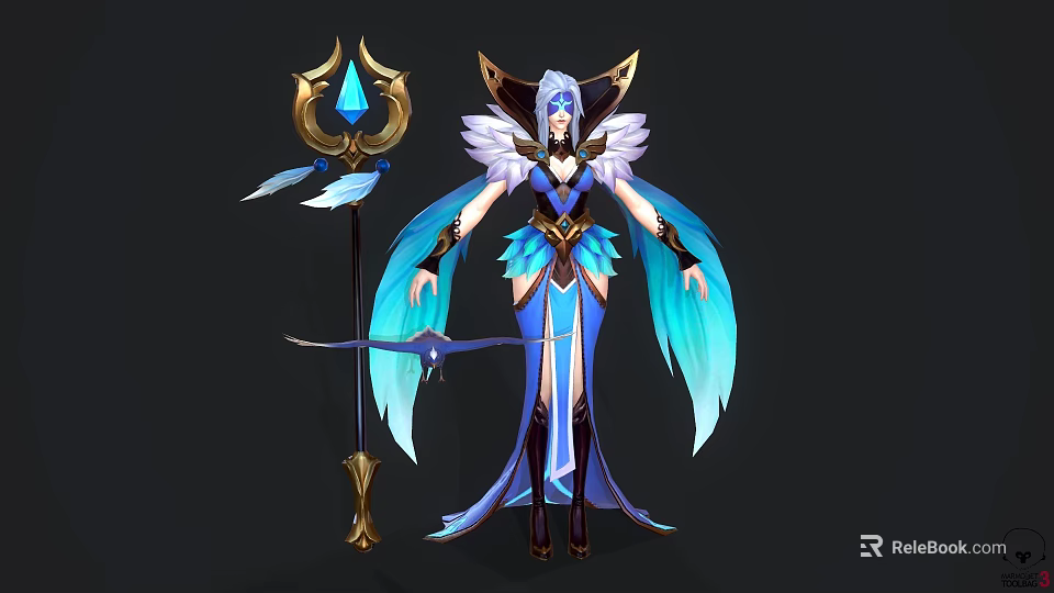 Angelic Female Character With Blue Gold Outfit And Feathered Wings Holding Crystal Staff 3d model 