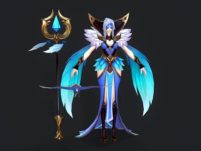 Angelic Female Character With Blue Gold Outfit And Feathered Wings Holding Crystal Staff 3d model