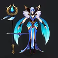 Angelic Female Character With Blue Gold Outfit And Feathered Wings Holding Crystal Staff
