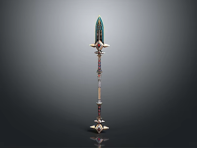 Ornate Fantasy Weapon Staff With Colored Crystal Top Metallic Carvings And Decorative Base 3d model